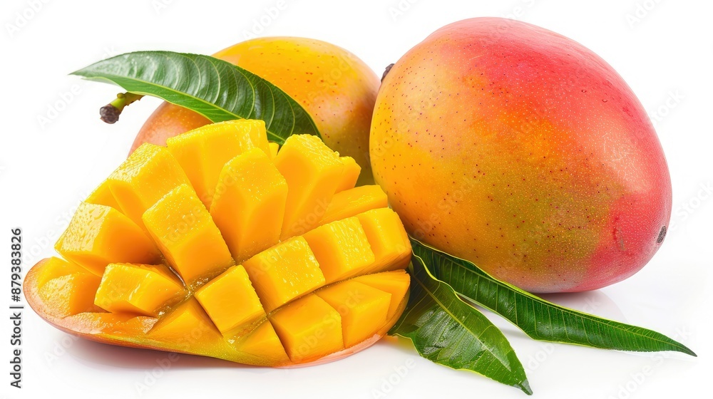 Fresh mango with leaves, isolated on white, detailed clipping path, macro studio photo for food marketing visuals. - Fresh mango with leaves, isolated on white, detailed clipping path, macro studio photo for food marketing visuals. -