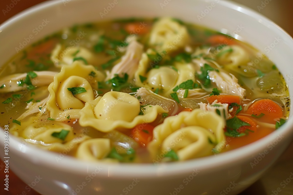 Chicken broth soup with tortellini, chicken, carrots and parsley served in a white bowl Chicken broth soup with tortellini, chicken, carrots and parsley served in a white bowl