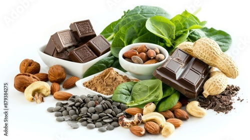 Wallpaper Mural Healthy foods rich in magnesium on a white background. Nuts, seeds, leafy greens, and dark chocolate for heart health. Torontodigital.ca