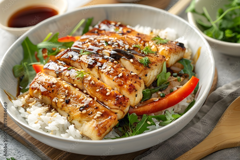 Photo of an Asian meal of seasoned fish over rice and vegetables Photo of an Asian meal of seasoned fish over rice and vegetables