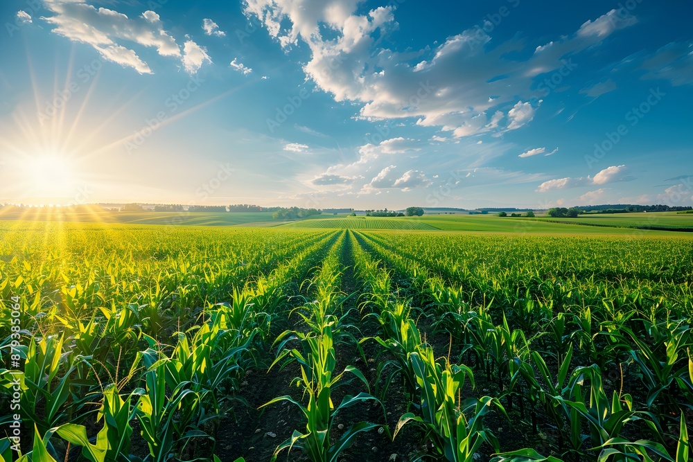 Clear sky with a few clouds and a wide, endless corn field Clear sky with a few clouds and a wide, endless corn field