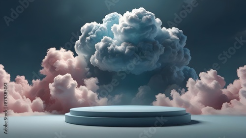 Obraz na płótnie Cloudy Sky Product Podium: A minimalist podium with a backdrop of serene blue skies and soft, billowing clouds, ideal for presenting products with a touch of natural elegance. w salonie