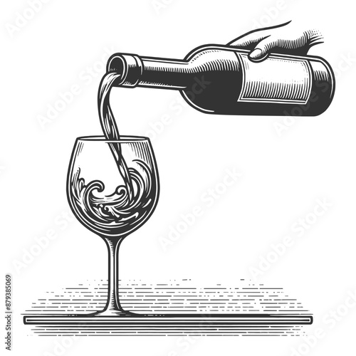 wine being poured into a glass, capturing the motion and elegance of the liquid sketch engraving generative ai vector illustration. Scratch board imitation. Black and white image.