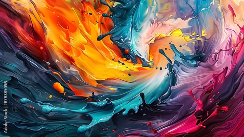 A whirlwind of vibrant hues dances across a textured canvas, merging with playful liquid swirls to create an enchanting visual spectacle.