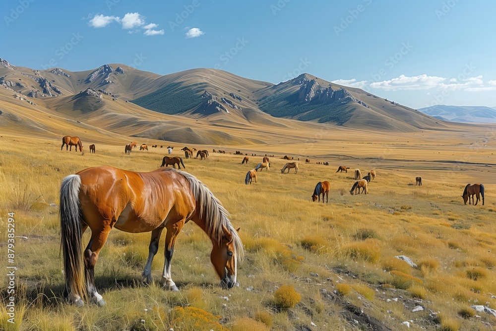 Przewalski's Horse in the Steppe- A herd of Przewalski's horses grazes ...