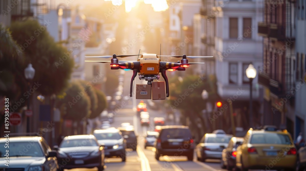 A drone flies above a cityscape, capturing urban scenes and high-tech aerial photography at sunrise. A drone flies above a cityscape, capturing urban scenes and high-tech aerial photography at sunrise.