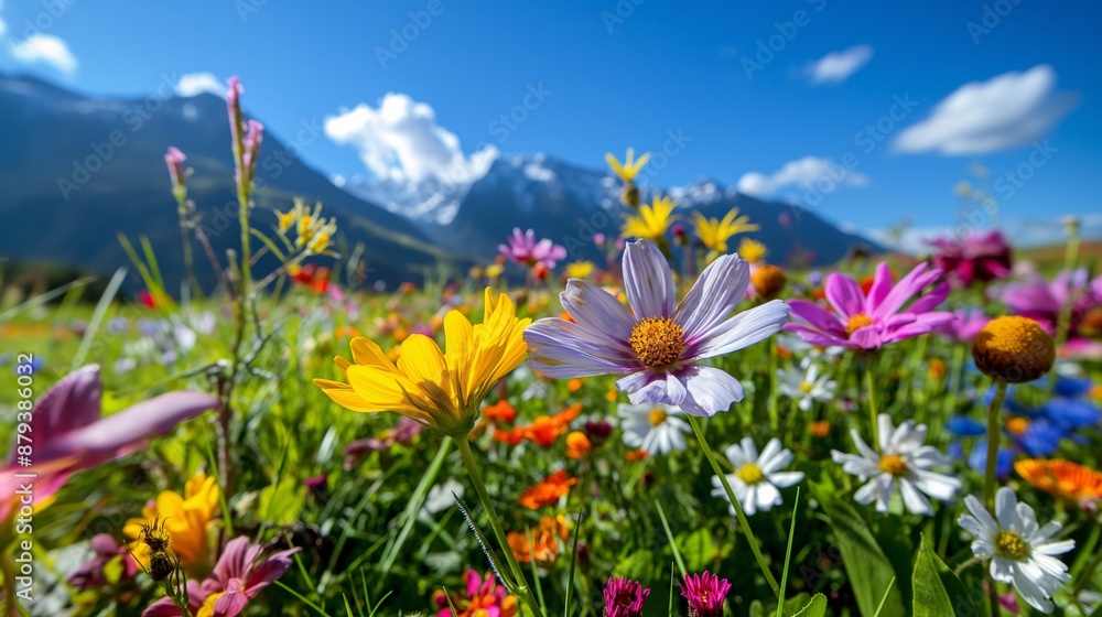 A vibrant meadow in full bloom with daisies and other colorful flowers under a clear blue sky A vibrant meadow in full bloom with daisies and other colorful flowers under a clear blue sky