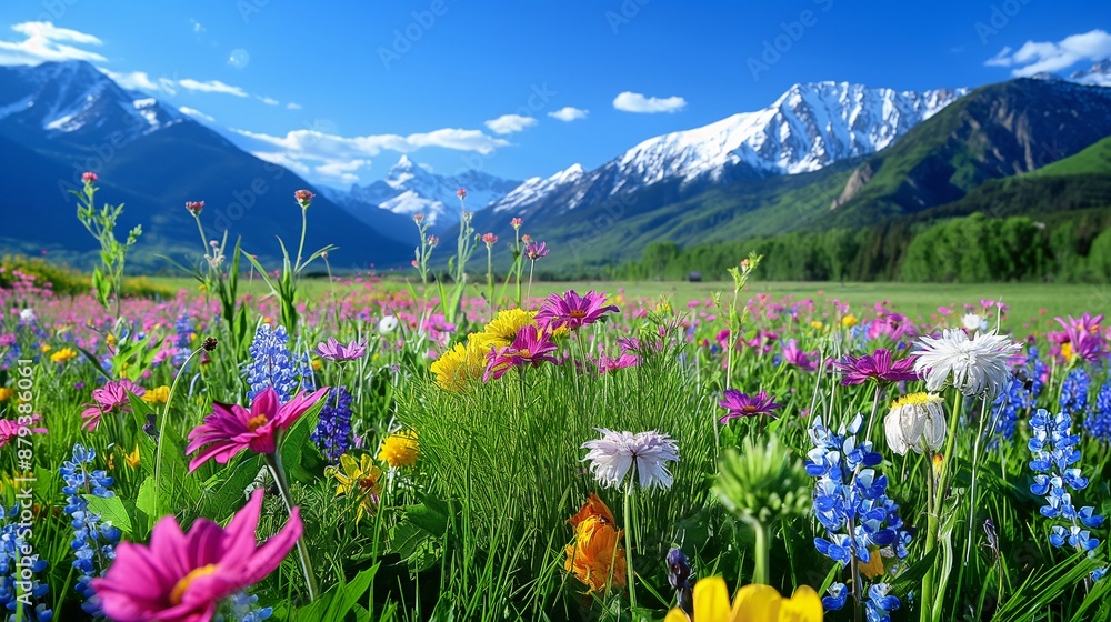 Fototapeta premium A field of vibrant wildflowers with mountains in the background.