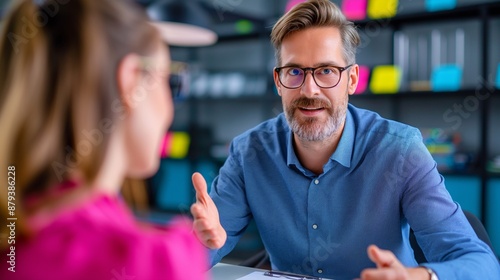 A manager discussing performance with an employee during a one-on-one meeting.