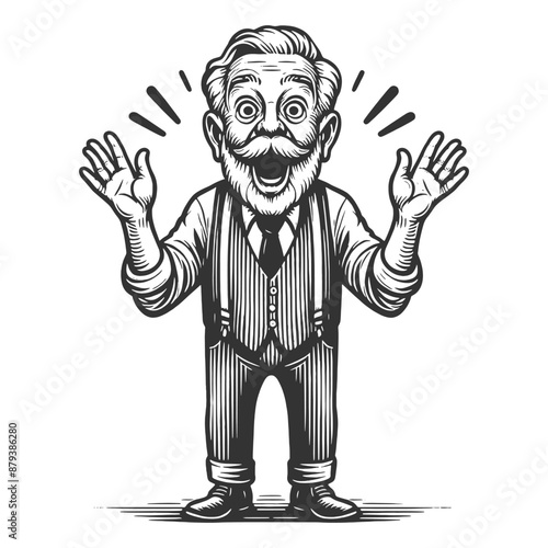 joyful elderly man with raised hands, excitement and happiness sketch engraving generative ai fictional character vector illustration. Scratch board imitation. Black and white image.
