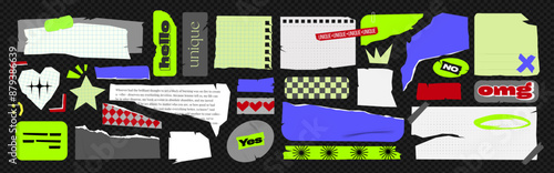 Set of Torn colored Paper and notebooks cut for Collage. Vector Ripped Stickers of various shapes and sizes. Modern Plastic labels, Scrapbook edges with pattern on an isolated background. Retro