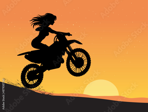 Motocross rider silhouette, sporty women riding a motorcycle 