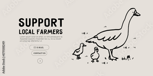 Duck with ducklings at local farm vector line illustration. Village scene. Countryside and agriculture, farmer eco products. Minimal simple line contemporary vector illustration. Eat local concept.