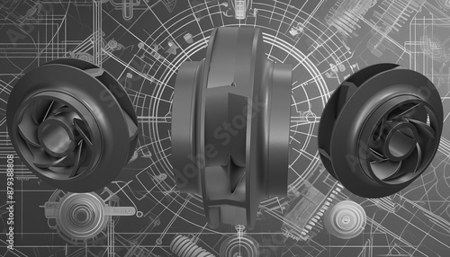 Pump impeller with blue-print background