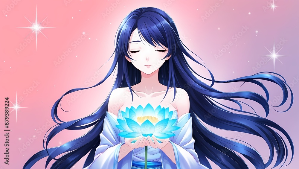 A serene anime-style female character with long, flowing blue hair, gently holding a glowing blue lotus flower. The background is a soft pink gradient with sparkling stars, adding a touch of magic.