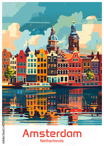 Amsterdam Netherlands Poster Illustration Travel Print Decor Gift Paper Canvas Wall Retro Art #879389612