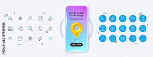 Phone mockup with 3d map pin icon. Payment, Phone timing and Cogwheel line icons. Pack of Video conference, Star, Globe icon. Qr code, Analytics, New products pictogram. Vector