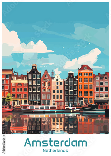 Amsterdam Netherlands Poster Illustration Travel Print Decor Gift Paper Canvas Wall Retro Art #879389639