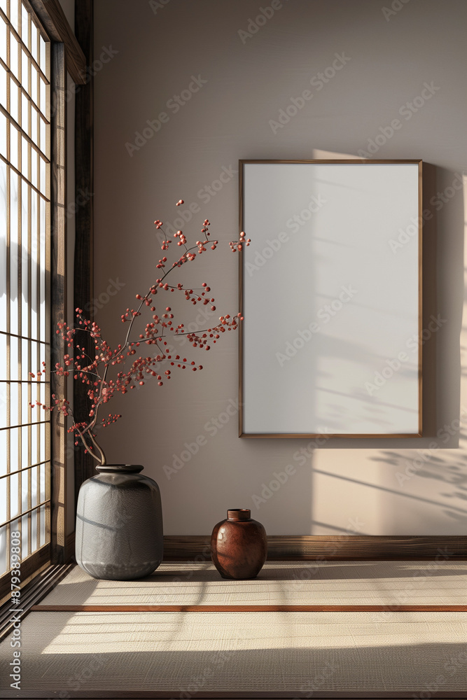 Fototapeta premium modern thin frame 12x18 mockup minimalist frame on wall, japanese style, 