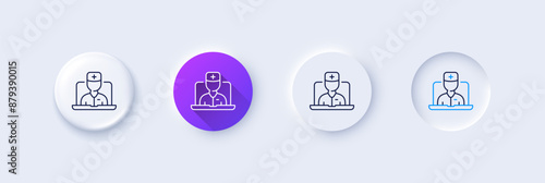 Telemedicine line icon. Neumorphic, Purple gradient, 3d pin buttons. Online doctor sign. Medicine healthcare symbol. Line icons. Neumorphic buttons with outline signs. Vector