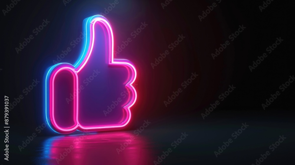 Like Icon: Pink and Blue Neon Light Thumbs Up Symbol on Black Background