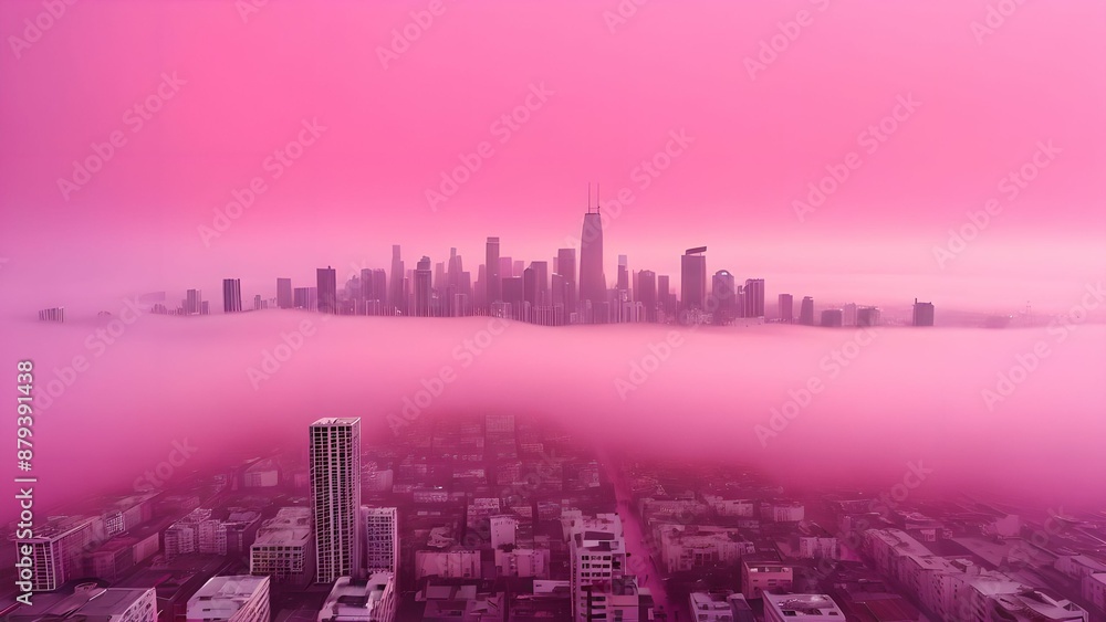 Fototapeta premium The cityscape emerges from a sea of ​​pink fog. Fairytale view, surrealism.