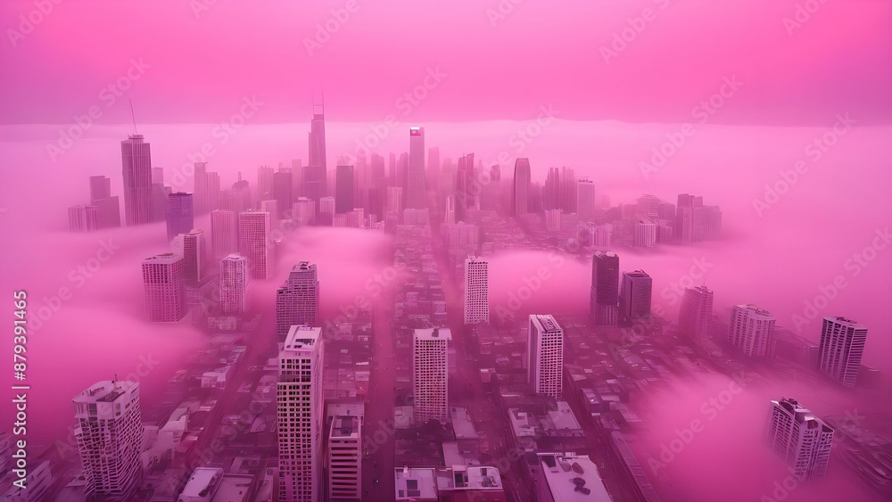 Fototapeta premium The cityscape emerges from a sea of ​​pink fog. Fairytale view, surrealism.