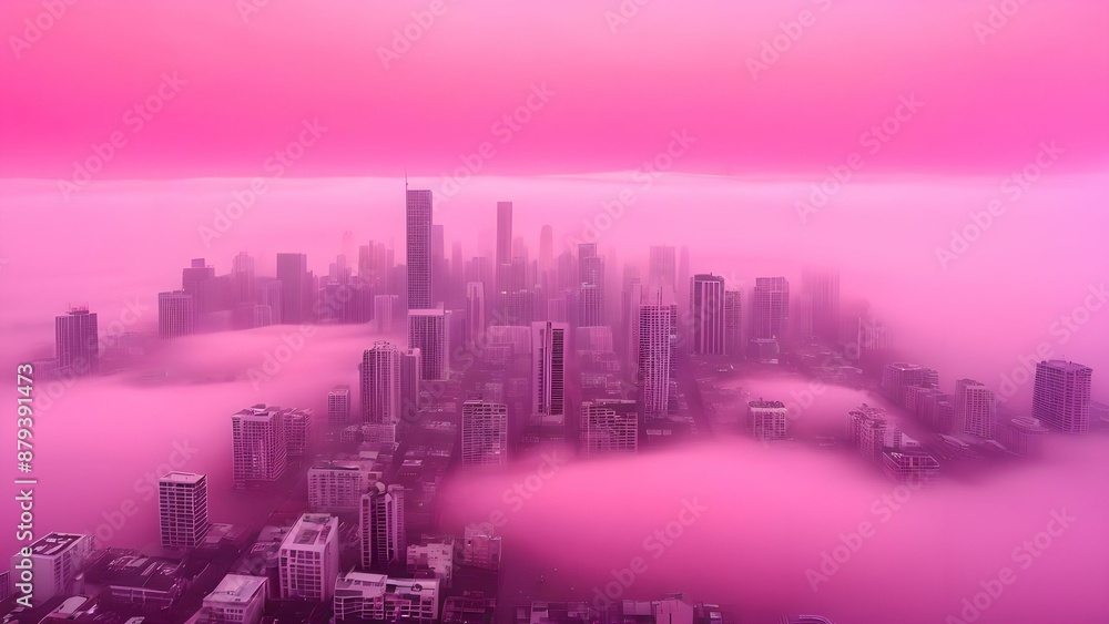 The cityscape emerges from a sea of pink fog. Fairytale view, surrealism. The cityscape emerges from a sea of pink fog. Fairytale view, surrealism.