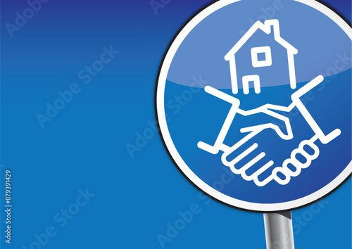 Home for sale - sales agreement - sign on blue background - vector illustration