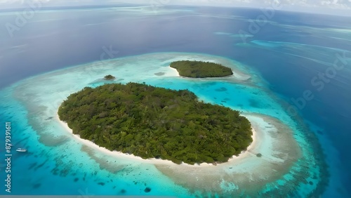 A breathtaking aerial view of a secluded tropical island surrounded by turquoise waters and vibrant coral reefs