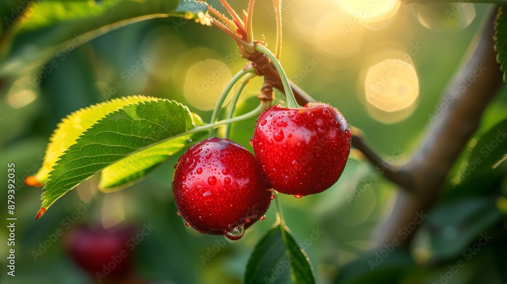 Obraz premium Warm Sunbeams Shine Through Leaves Onto Dewy Ripe Cherries Hanging On Orchard Branch Creating A Bright Natural And Fresh Outdoor Scene