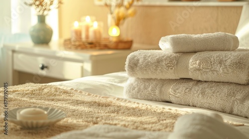 Arranging towels on bed with light and space