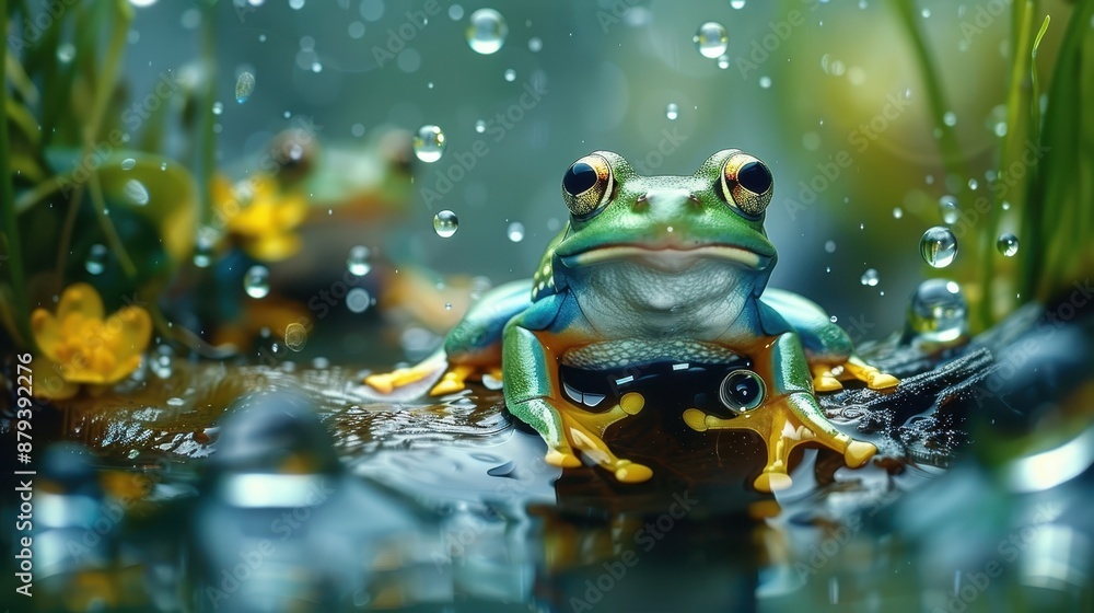 A detailed image of a vividly colored frog, situated in a wet environment surrounded by flowers, capturing the essence of its natural habitat and bright hues. A detailed image of a vividly colored frog, situated in a wet environment surrounded by flowers, capturing the essence of its natural habitat and bright hues.