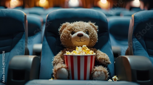 A teddy bear sits on a plush seat in an empty movie theater, holding a striped bucket of popcorn, seemingly having a private screening with cheerful lighting in the background. photo