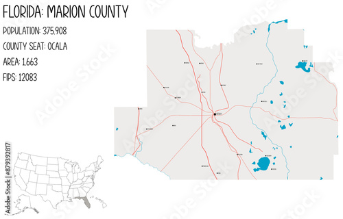 Large and detailed map of Marion County in Florida, USA.
