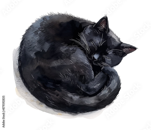 black cat sleep curled up watercolor digital painting good quality