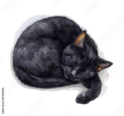 black cat sleep curled up watercolor digital painting good quality