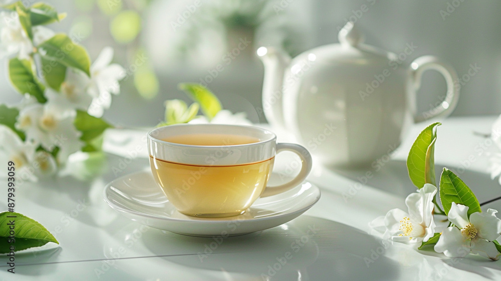 elegant cup and pot of jasmine tea on a white table. elegant cup and pot of jasmine tea on a white table.