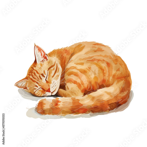 orange cat sleep curled up watercolor digital painting good quality