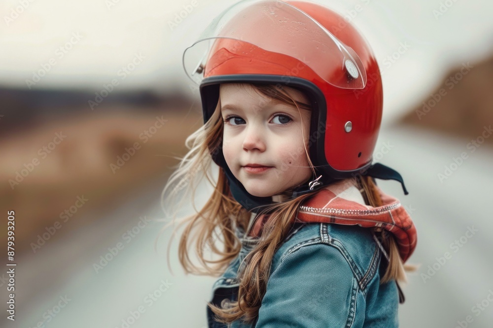 Young girl wearing red helmet standing outdoors in blurred background Young girl wearing red helmet standing outdoors in blurred background