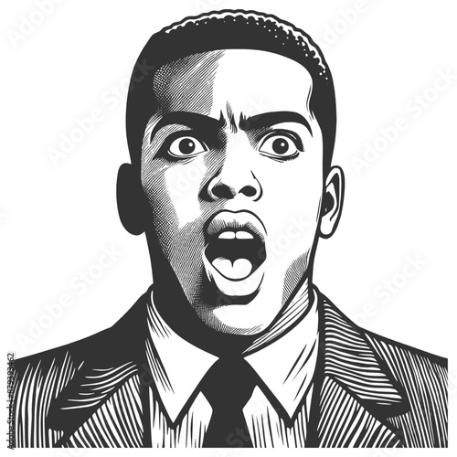 surprised African American businessman man in a vintage suit and top hat, astonished expression sketch engraving generative ai vector illustration. Scratch board imitation. Black and white image.