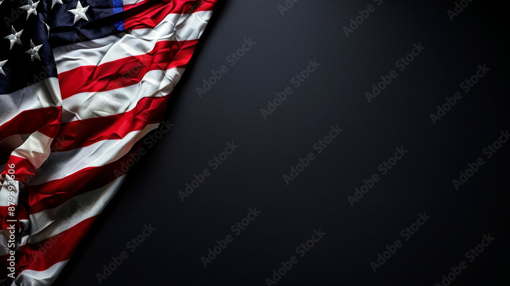 Close up of American flag on a black background with space for text or design Close up of American flag on a black background with space for text or design