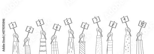 Cartoon hands with evaluation cards with numbers. Vector illustration of the raised hands of the jury members with scores. Rate it on a 10-point scale.