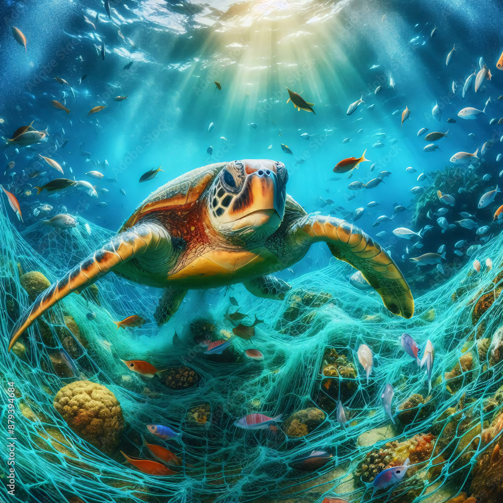 A sea turtle swimming through sunlit coral reef, surrounded by fish. Generative AI. A sea turtle swimming through sunlit coral reef, surrounded by fish. Generative AI.