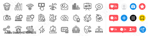 Voice wave, Fake internet and Presentation line icons pack. Social media icons. Restructuring, Star, Photo camera web icon. Share, Popcorn, Sale tag pictogram. Vector
