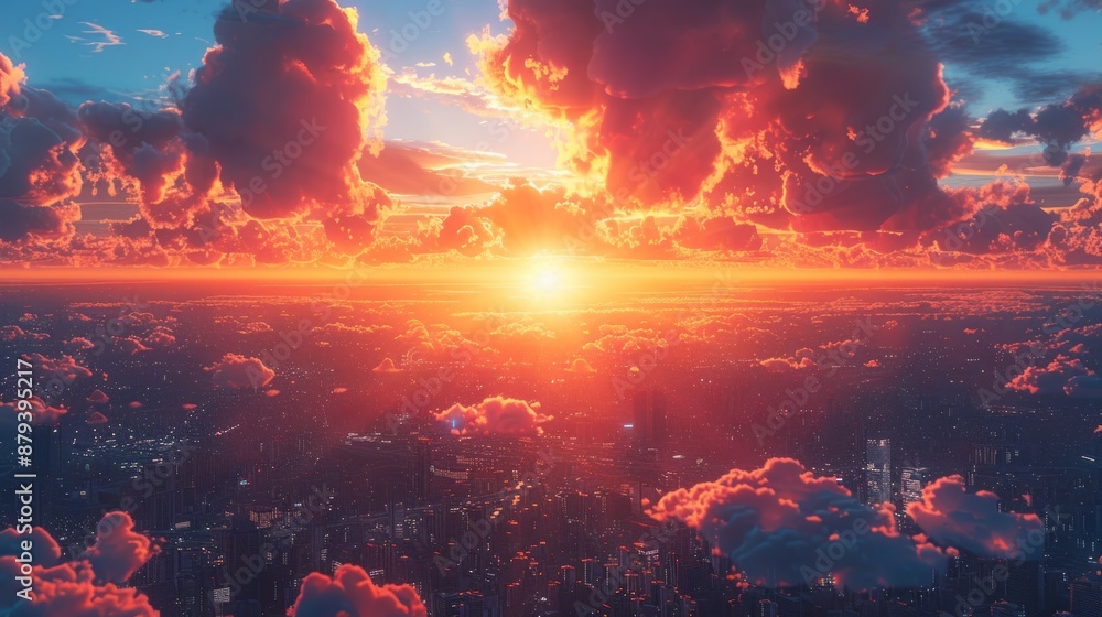 Obraz premium A City Awakens Beneath Fiery Sunset Clouds. Generative AI