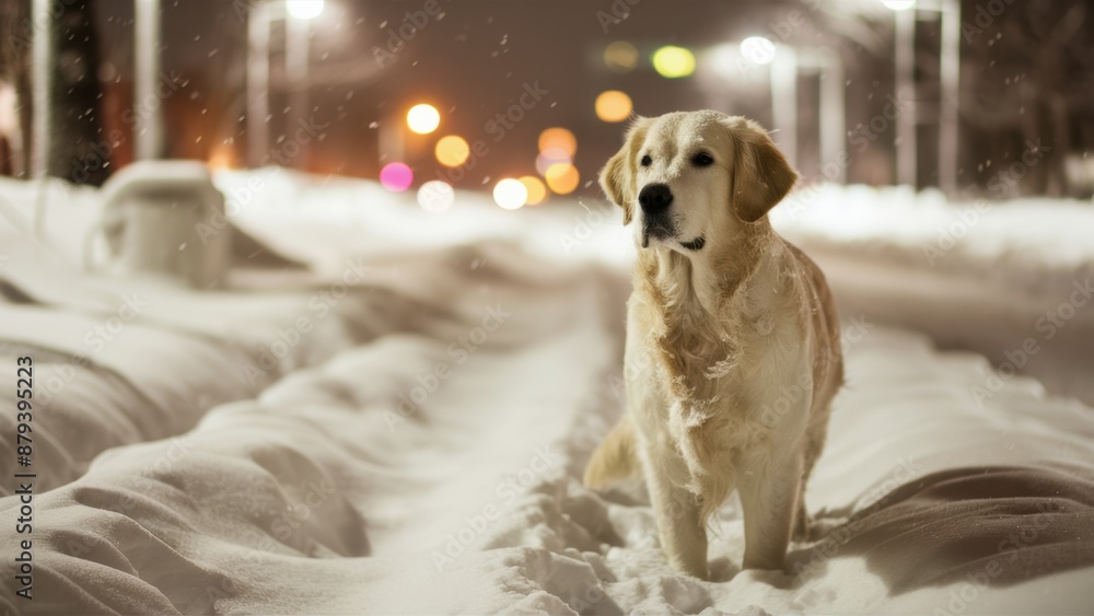 Obraz premium A dog walking in the snow on a street at night, AI