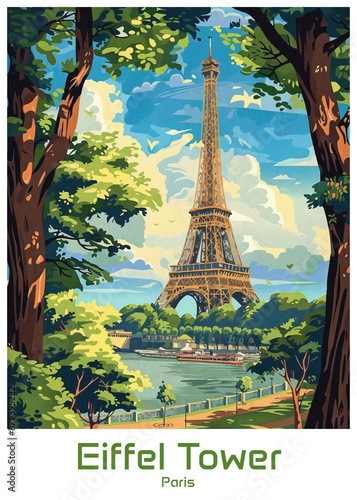 Paris Eiffel Tower Poster Illustration Travel Print Decor Gift Paper Canvas Wall Retro Art #879395232