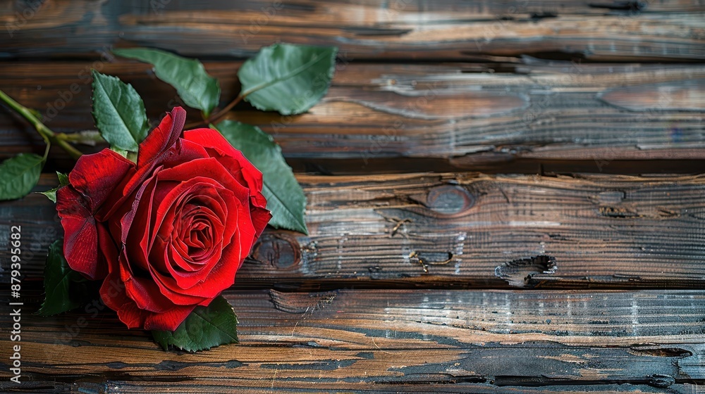 A beautiful single red rose rests gently on a rustic wooden surface, showcasing its vibrant crimson petals and lush green leaves, bringing a touch of romance and elegance. A beautiful single red rose rests gently on a rustic wooden surface, showcasing its vibrant crimson petals and lush green leaves, bringing a touch of romance and elegance.