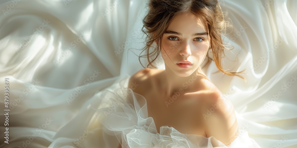 Portrait of a beautiful girl in a white tulle. and looking at camera Beauty, fashion. Portrait of a beautiful girl in a white tulle. and looking at camera Beauty, fashion.